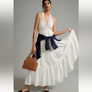 Anthropologie tiered open back White Maxi Halter Dress with Crochet Trim size 8
